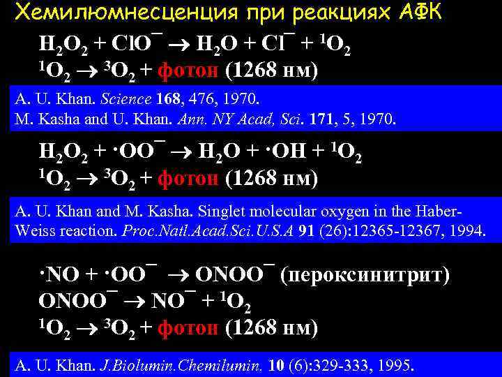 Хемилюмнесценция при реакциях АФК H 2 O 2 + Cl. O¯ H 2 O