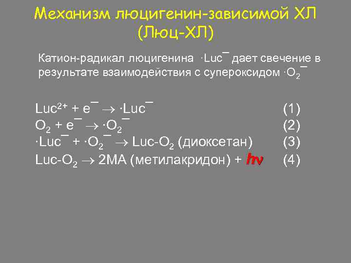 Механизм люцигенин-зависимой ХЛ (Люц-ХЛ) Катион-радикал люцигенина ∙Luc¯ дает свечение в результате взаимодействия с супероксидом