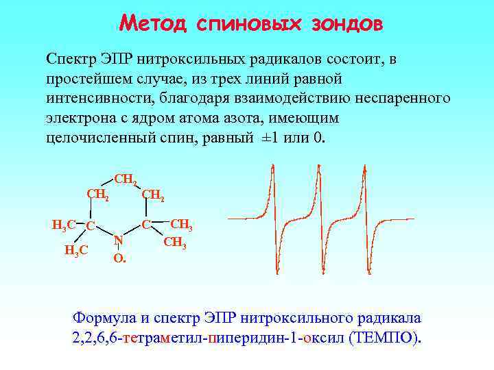Метод спиновых зондов Спектр ЭПР нитроксильных радикалов состоит, в простейшем случае, из трех линий