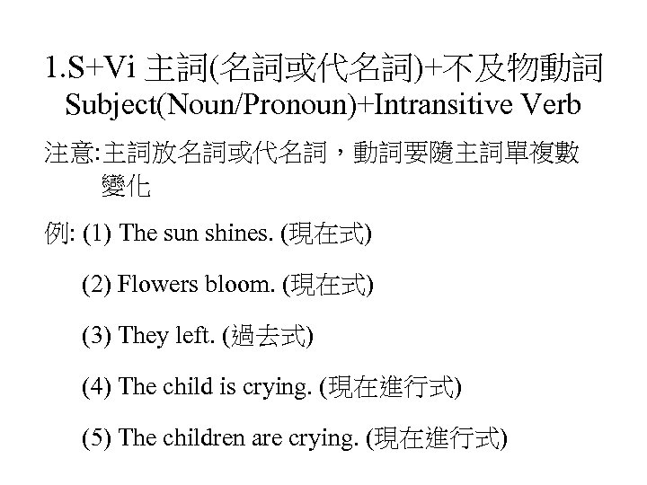 1. S+Vi 主詞(名詞或代名詞)+不及物動詞 Subject(Noun/Pronoun)+Intransitive Verb 注意: 主詞放名詞或代名詞，動詞要隨主詞單複數 變化 例: (1) The sun shines. (現在式)