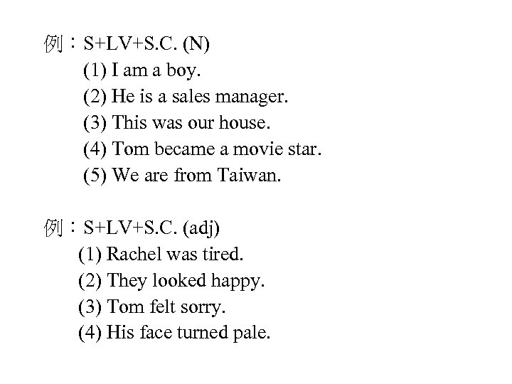 例：S+LV+S. C. (N) (1) I am a boy. (2) He is a sales manager.