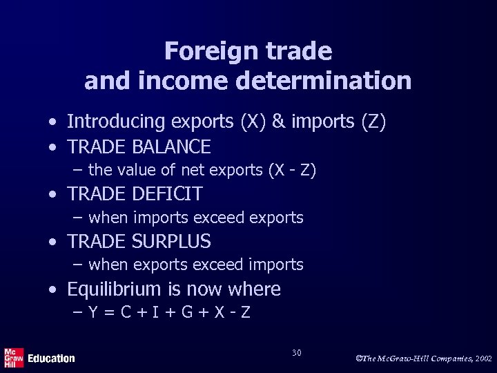 Foreign trade and income determination • Introducing exports (X) & imports (Z) • TRADE
