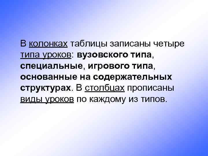 В колонках таблицы записаны четыре типа уроков: вузовского типа, специальные, игрового типа, основанные на