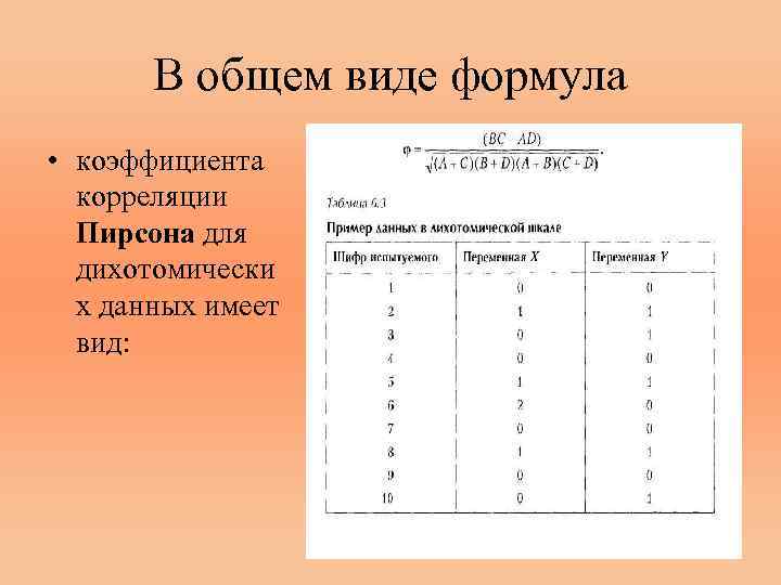 В общем виде формула • коэффициента корреляции Пирсона для дихотомически х данных имеет вид: