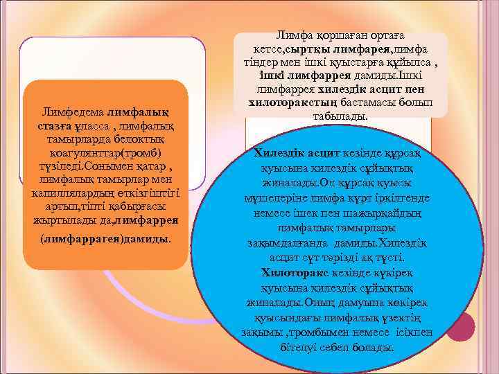 Лимфедема лимфалық стазға ұласса , лимфалық тамырларда белоктық коагулянттар(тромб) түзіледі. Сонымен қатар , лимфалық