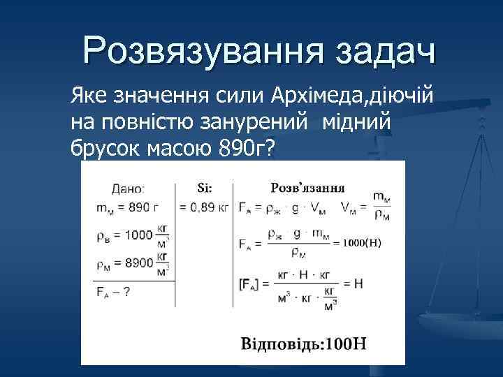 Розвязування задач Яке значення сили Архімеда, діючій на повністю занурений мідний брусок масою 890