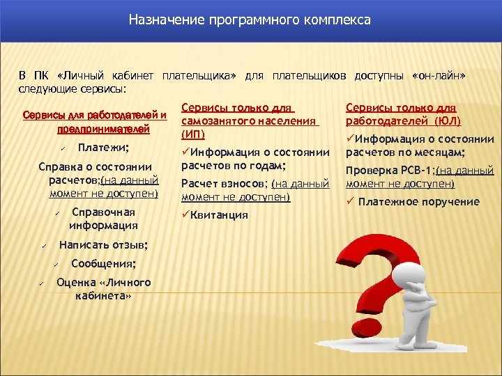 Назначение программного комплекса В ПК «Личный кабинет плательщика» для плательщиков доступны «он-лайн» следующие сервисы: