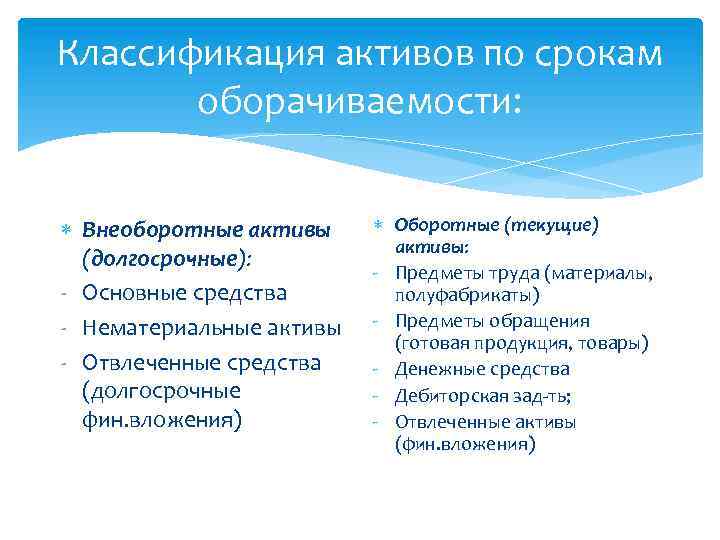 Классификация активов по срокам оборачиваемости: Внеоборотные активы (долгосрочные): - Основные средства - Нематериальные активы