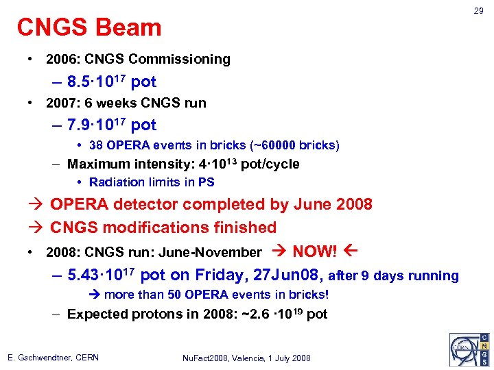 29 CNGS Beam • 2006: CNGS Commissioning – 8. 5· 1017 pot • 2007: