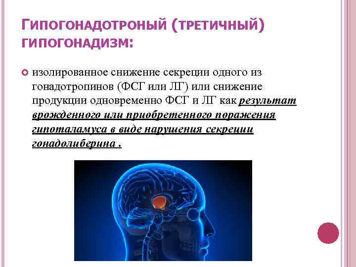 ГИПОГОНАДОТРОНЫЙ (ТРЕТИЧНЫЙ) ГИПОГОНАДИЗМ: изолированное снижение секреции одного из гонадотропинов (ФСГ или ЛГ) или снижение