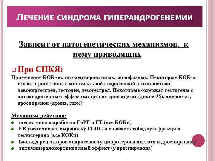 ЛЕЧЕНИЕ СИНДРОМА ГИПЕРАНДРОГЕНЕМИИ Зависит от патогенетических механизмов, к нему приводящих q При СПКЯ: Применение