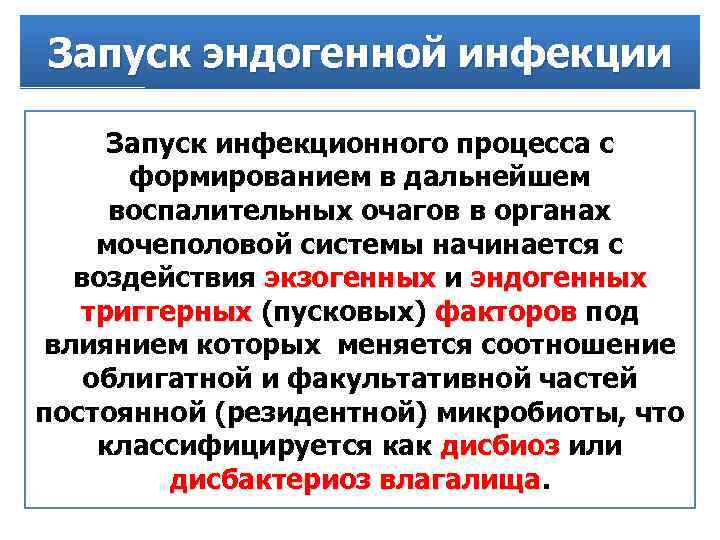 Запуск эндогенной инфекции Запуск инфекционного процесса с формированием в дальнейшем воспалительных очагов в органах