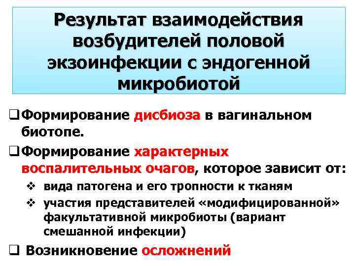 Результат взаимодействия возбудителей половой экзоинфекции с эндогенной микробиотой q Формирование дисбиоза в вагинальном дисбиоза