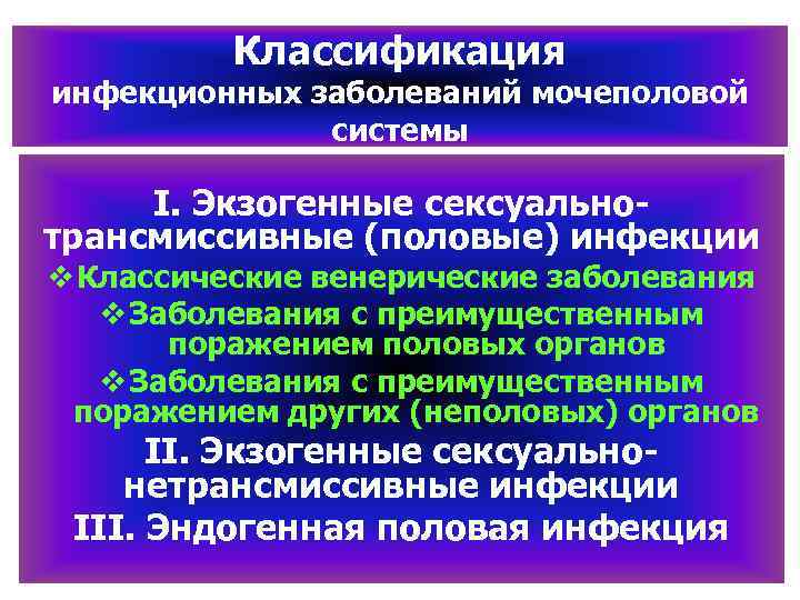 Классификация инфекционных заболеваний мочеполовой системы I. Экзогенные сексуально трансмиссивные (половые) инфекции v Классические венерические