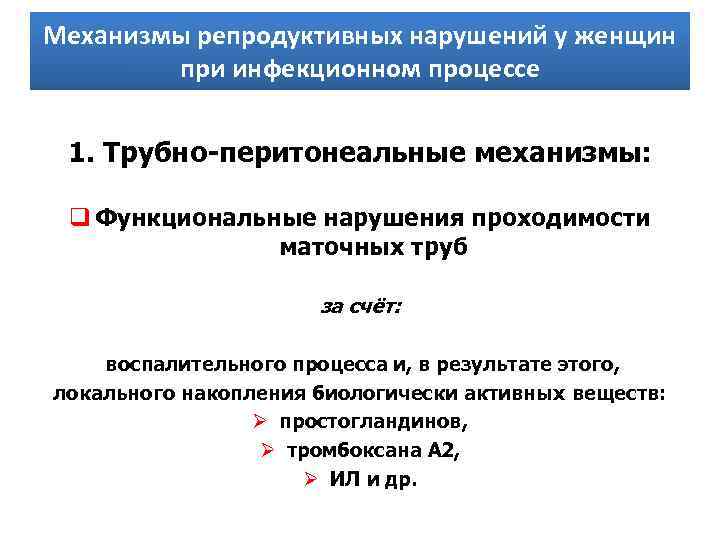 Механизмы репродуктивных нарушений у женщин при инфекционном процессе 1. Трубно перитонеальные механизмы: q Функциональные