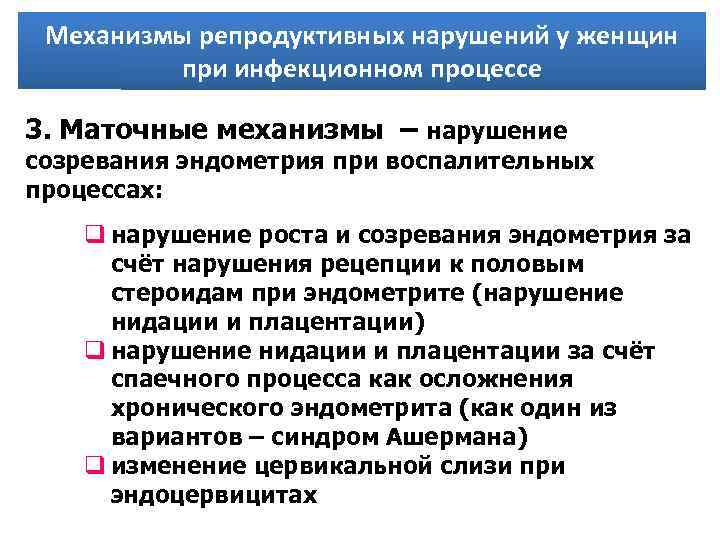 Механизмы репродуктивных нарушений у женщин при инфекционном процессе 3. Маточные механизмы – нарушение созревания