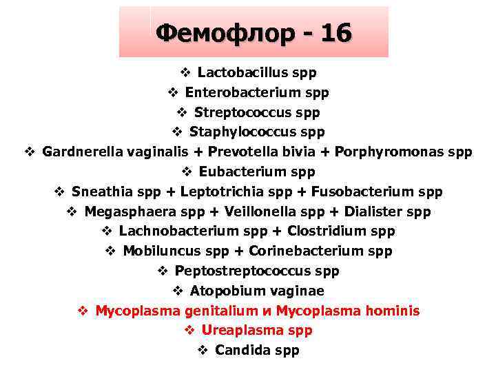 Фемофлор 16 v Lactobacillus spp v Enterobacterium spp v Streptococcus spp v Staphylococcus spp