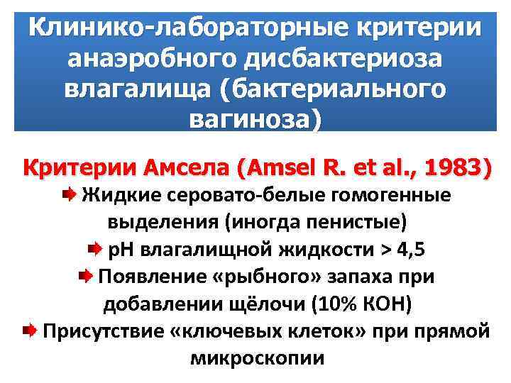 Клинико лабораторные критерии анаэробного дисбактериоза влагалища (бактериального вагиноза) Критерии Амсела (Amsel R. et al.