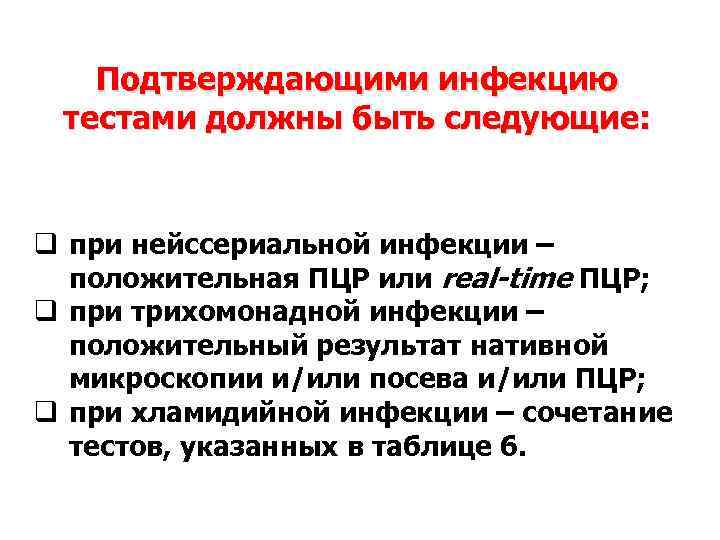 Подтверждающими инфекцию тестами должны быть следующие: q при нейссериальной инфекции – положительная ПЦР или