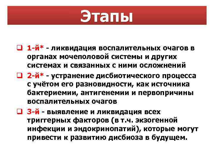 Этапы q 1 й* ликвидация воспалительных очагов в 1 й* органах мочеполовой системы и