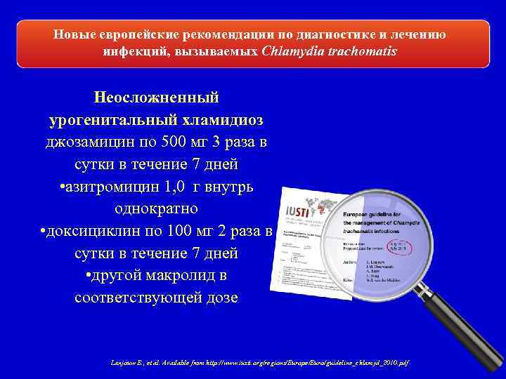 Новые европейские рекомендации по диагностике и лечению инфекций, вызываемых Chlamydia trachomatis Неосложненный урогенитальный хламидиоз