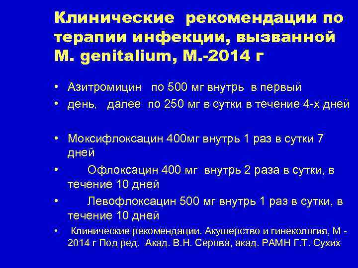 Клинические рекомендации по терапии инфекции, вызванной M. genitalium, М. -2014 г • Азитромицин по