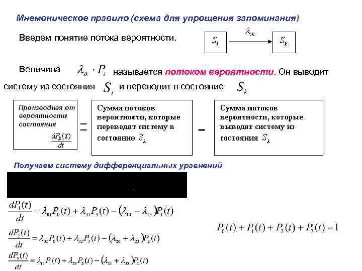 Мнемоническое правило (схема для упрощения запоминания) Введем понятие потока вероятности. Величина систему из состояния