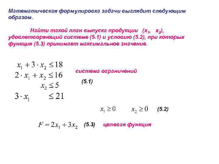 Математическая формулировка задачи выглядит следующим образом. Найти такой план выпуска продукции (x 1, x