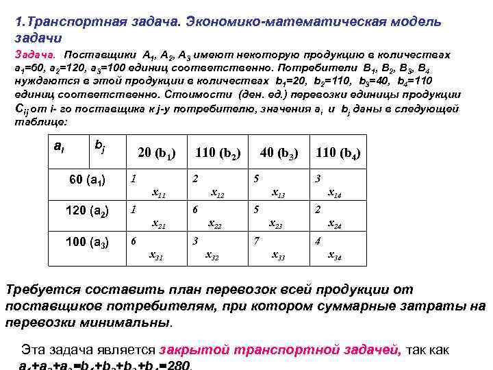 1. Транспортная задача. Экономико-математическая модель задачи Задача. Поставщики А 1, А 2, А 3