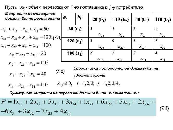 Пусть xij - объем перевозки от i -го поставщика к j -у потребителю Мощности