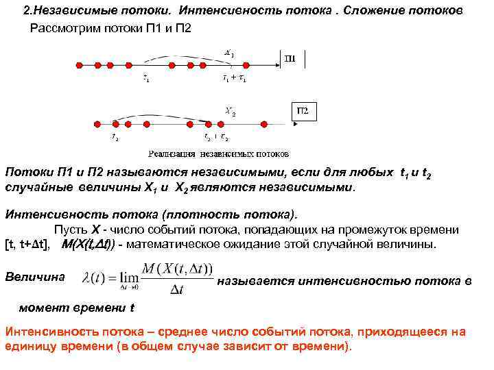 В потоке в моменте. Интенсивность потока событий. Интенсивность потоков. Сложение потоков. Интенсивность простейшего потока событий.