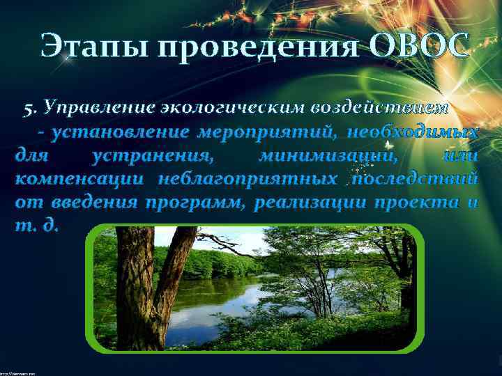 Этапы проведения ОВОС 5. Управление экологическим воздействием - установление мероприятий, необходимых для устранения, минимизации,