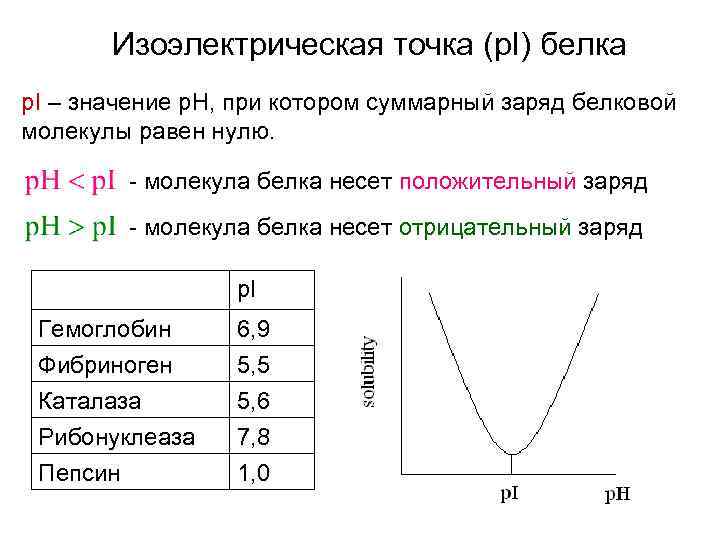 Изоэлектрическая точка (p. I) белка p. I – значение p. H, при котором суммарный