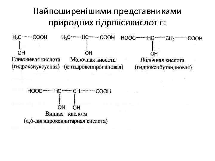 Найпоширенішими представниками природних гідроксикислот є: 