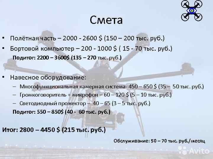 Смета • Полётная часть – 2000 - 2600 $ (150 – 200 тыс. руб.