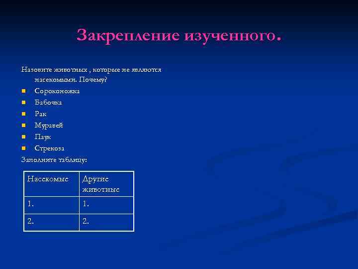 Закрепление изученного. Назовите животных , которые не являются насекомыми. Почему? n Сороконожка n Бабочка