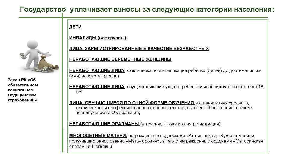 Государство уплачивает взносы за следующие категории населения: ДЕТИ ИНВАЛИДЫ (все группы) ЛИЦА, ЗАРЕГИСТРИРОВАННЫЕ В