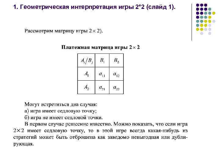 1. Геометрическая интерпретация игры 2*2 (слайд 1). 