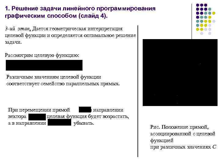 1. Решение задачи линейного программирования графическим способом (слайд 4). 3 -ий этап. Дается геометрическая