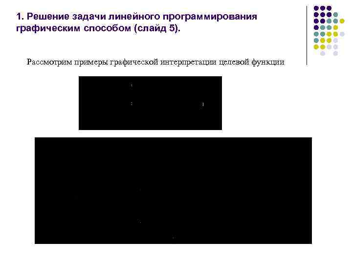 1. Решение задачи линейного программирования графическим способом (слайд 5). Рассмотрим примеры графической интерпретации целевой
