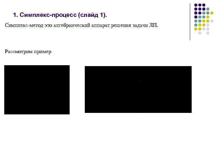 1. Симплекс-процесс (слайд 1). Симплекс метод это алгебраический аппарат решения задачи ЛП. Рассмотрим пример