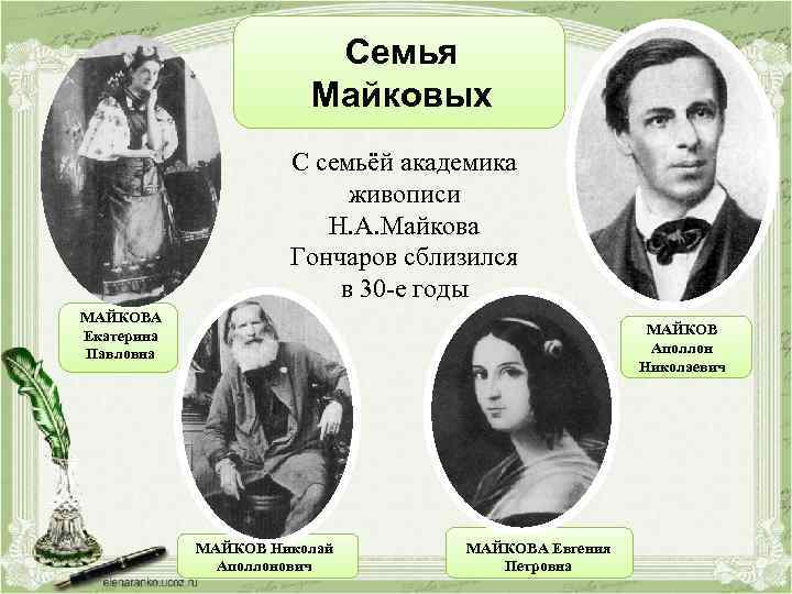 Семья Майковых С семьёй академика живописи Н. А. Майкова Гончаров сблизился в 30 -е