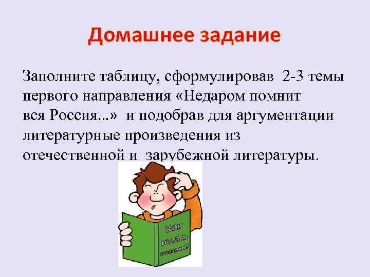 Домашнее задание Заполните таблицу, сформулировав 2 -3 темы первого направления «Недаром помнит вся Россия…»