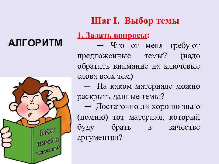 Шаг I. Выбор темы АЛГОРИТМ 1. Задать вопросы: — Что от меня требуют предложенные