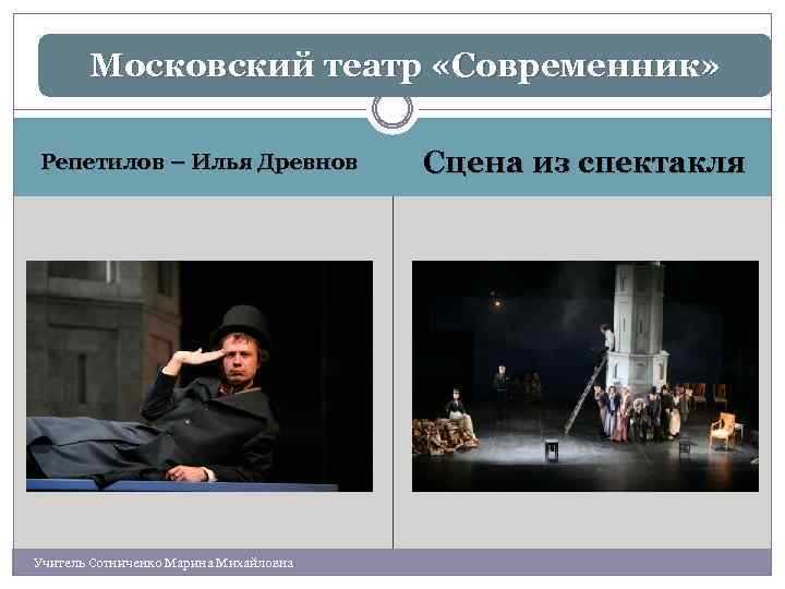 Московский театр «Современник» Репетилов – Илья Древнов Учитель Сотниченко Марина Михайловна Сцена из спектакля