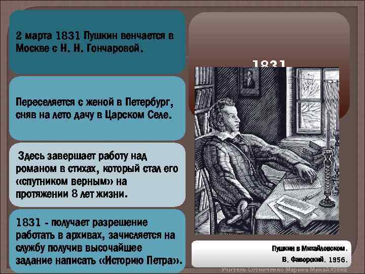 2 марта 1831 Пушкин венчается в Москве с Н. Н. Гончаровой. 1831 Переселяется с