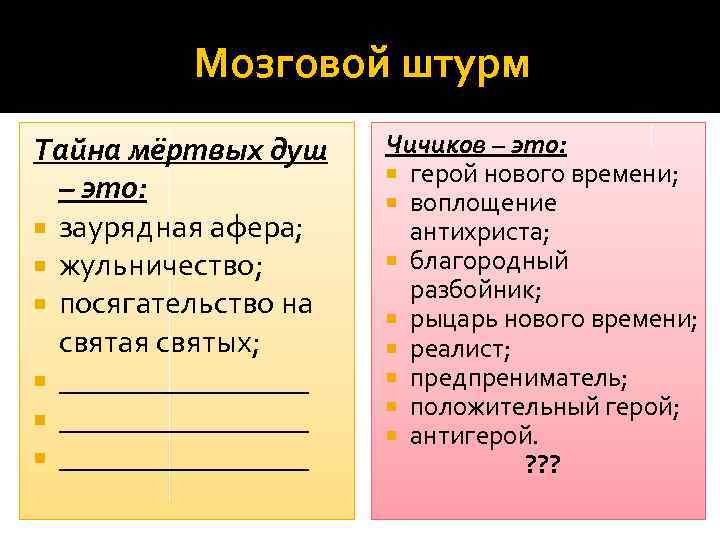 Мозговой штурм Тайна мёртвых душ – это: заурядная афера; жульничество; посягательство на святая святых;