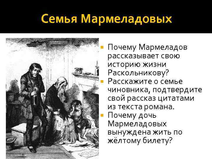 Семья Мармеладовых Почему Мармеладов рассказывает свою историю жизни Раскольникову? Расскажите о семье чиновника, подтвердите