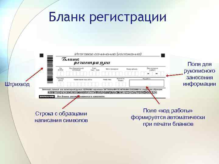 Бланк регистрации Поля для рукописного занесения информации Штрихкод Строка с образцами написания символов Поле