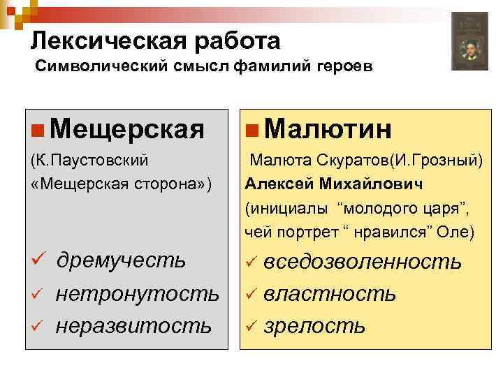 Лексическая работа Символический смысл фамилий героев n Мещерская n Малютин (К. Паустовский «Мещерская сторона»